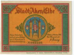 Aken - Stadt - Oktober 1921 - 50 Pfennig 