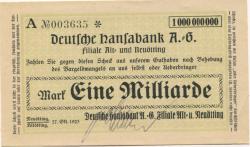 Altötting und Neuötting - Deutsche Hansabank AG, Filiale in Altötting und Neuötting - 27.10.1923 - 1 Milliarde Mark