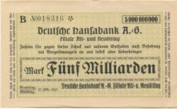 Altötting und Neuötting - Deutsche Hansabank AG, Filiale in Altötting und Neuötting - 27.10.1923 - 5 Milliarden Mark