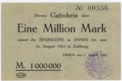 Annen (heute: Witten) - Sparkasse - 7.8.1923 - 1 Million Mark 