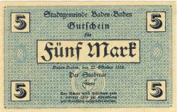 Baden-Baden - Stadt - 22.10.1918 - 1.2.1919 - 5 Mark 