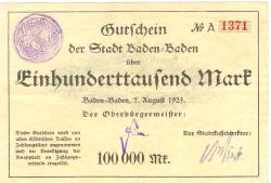 Baden-Baden - Stadt - 7.8.1923 - 100000 Mark 