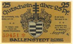 Ballenstedt - Stadt - 22.3.1921 - 25 Pfennig