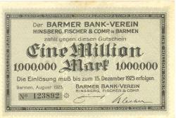 Barmen (heute: Wuppertal) - Barmer Bankverein, Hinsberg, Fischer & Co - August 1923 - 15.12.1923 - 1 Million Mark