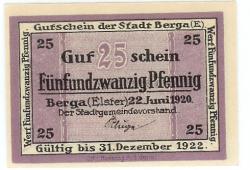 Berga - Stadt -22.6.1920 - 31.12.1922 - 25 Pfennig