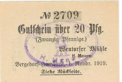 Bergedorf (heute: Hamburg) - Manow, H., Wentorfer Mühle - 1.11.1919 - 20 Pfennig