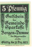 Bergen - Gemeinde(-Sparkasse) - - 31.12.1922 - 5 Pfennig