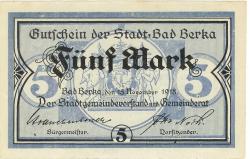 Berka (Bad) - Stadt - 15.11.1918 - 1.2.1919 - 5 Mark