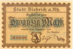 Biebrich (heute: Wiesbaden) - Stadt - 1918 - 1.2.1919 - 20 Mark