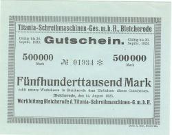 Bleicherode - Titania Schreibmaschinen GmbH - 14.8.1923 - 20.9.1923 - 500000 Mark