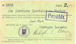 Bochum - Städtische Sparkasse - 8.8.1914 - 2 Mark