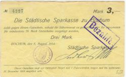 Bochum - Städtische Sparkasse - 8.8.1914 - 3 Mark