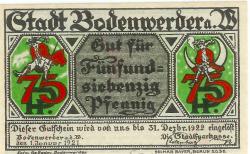 Bodenwerder - Sparkasse der Stadt - 1.1.1921 - 31.12.1922 - 75 Pfennig