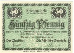 Bomst (heute: PL-Babimost) - Stadt und Städtische Sparkasse - September 1920 - 50 Pfennig