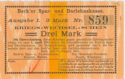 Bork (heute: Selm) - Spar- und Darlehnskasse - 15.8.1914 - 1.4.1915 - 3 Mark