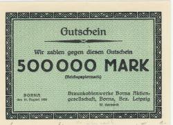 Borna - Braunkohlenwerke AG - 15.8.1923 - 500000 Mark