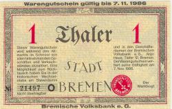 Bremen - Bremische Volksbank eG, Argo Haus, Tiefer 12 - - 7.11.1986 - 1 Thaler