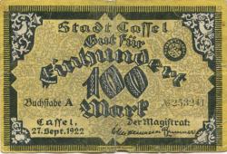 Cassel (heute: Kassel) - Stadt - 27.9.1922 - 100 Mark
