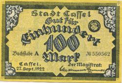 Cassel (heute: Kassel) - Stadt - 27.9.1922 - 100 Mark