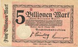 Cassel (heute: Kassel) - Reichsbahndirektion - 24.10.1923 - 5 Billionen Mark