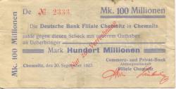 Chemnitz - Commerz- und Privat-Bank AG, Filiale Chemnitz - 30.9.1923 - 100 Millionen Mark