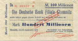 Chemnitz - Darmstädter und Nationalbank KaA, Filiale Chemnitz - 25.9.1923 - 100 Millionen Mark