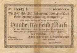Chemnitz - Hübner, Gebrüder, Sächsische Schrauben- und Muttern-Fabrik, Lutherstr. 97 - 14.8.1923 - 100000 Mark