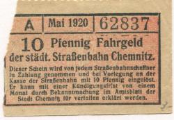 Chemnitz - Städtische Straßenbahn - Mai 1920 - 10 Pfennig