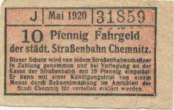 Chemnitz - Städtische Straßenbahn - Mai 1920 - 10 Pfennig