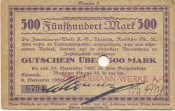 Chemnitz - Zimmermann-Werke AG, Rochlitzer Str. 32 - 8.9.1922 - 30.9.1922 - 500 Mark 