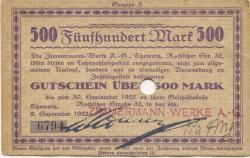 Chemnitz - Zimmermann-Werke AG, Rochlitzer Str. 32 - 8.9.1922 - 30.9.1922 - 500 Mark