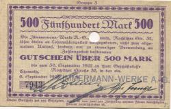 Chemnitz - Zimmermann-Werke AG, Rochlitzer Str. 32 - 8.9.1922 - 30.9.1922 - 500 Mark