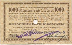 Chemnitz - Zimmermann-Werke AG, Rochlitzer Str. 32 - 8.9.1922 - 30.9.1922 - 1000 Mark 