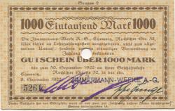 Chemnitz - Zimmermann-Werke AG, Rochlitzer Str. 32 - 8.9.1922 - 30.9.1922 - 1000 Mark