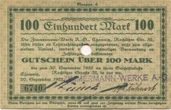 Chemnitz - Zimmermann-Werke AG, Rochlitzer Str. 32 - 20.9.1922 - 30.9.1922 - 100 Mark 