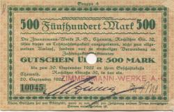 Chemnitz - Zimmermann-Werke AG, Rochlitzer Str. 32 - 20.9.1922 - 30.9.1922 - 500 Mark