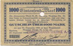 Chemnitz - Zimmermann-Werke AG, Rochlitzer Str. 32 - 20.9.1922 - 30.9.1922 - 1000 Mark