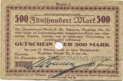 Chemnitz - Zimmermann-Werke AG, Rochlitzer Str. 32 - 20.9.1922 - 15.10.1922 - 500 Mark
