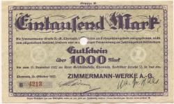 Chemnitz - Zimmermann-Werke AG, Rochlitzer Str. 32 - 26.10.1922 - 15.12.1922 - 1000 Mark