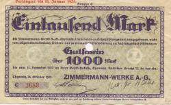Chemnitz - Zimmermann-Werke AG, Rochlitzer Str. 32 - 26.10.1922 - 31.1.1923 - 1000 Mark