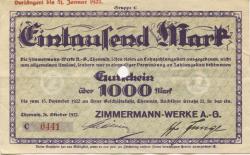 Chemnitz - Zimmermann-Werke AG, Rochlitzer Str. 32 - 26.10.1922 - 31.1.1923 - 1000 Mark