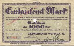 Chemnitz - Zimmermann-Werke AG, Rochlitzer Str. 32 - 26.10.1922 - 31.1.1923 - 1000 Mark