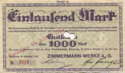 Chemnitz - Zimmermann-Werke AG, Rochlitzer Str. 32 - 26.10.1922 - 31.3.1923 - 1000 Mark