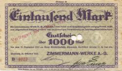 Chemnitz - Zimmermann-Werke AG, Rochlitzer Str. 32 - 26.10.1922 - 31.3.1923 - 1000 Mark