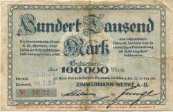 Chemnitz - Zimmermann-Werke AG, Rochlitzer Str. 32 - 26.7.1923 - 31.8.1923 - 100000 Mark