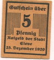Cleve (heute: Kleve) - Stadt - 25.12.1920 - 5 Pfennig