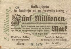 Coblenz (heute: Koblenz) - Stadt und Kreis - 15.8.1923 - 1.9.1923 - 5 Millionen Mark