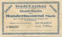 Cottbus - Stadt - 14,8,1923 - 15.10.1923 - 100000 Mark