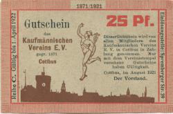 Cottbus - Kaufmännischer Verein eV, Spremberger Str. 39 - August 1921 - 1.4.1922 - 25 Pfennig