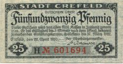 Crefeld (heute: Krefeld) - Stadt - 22.4.1920 - 31.3.1922 - 25 Pfennig